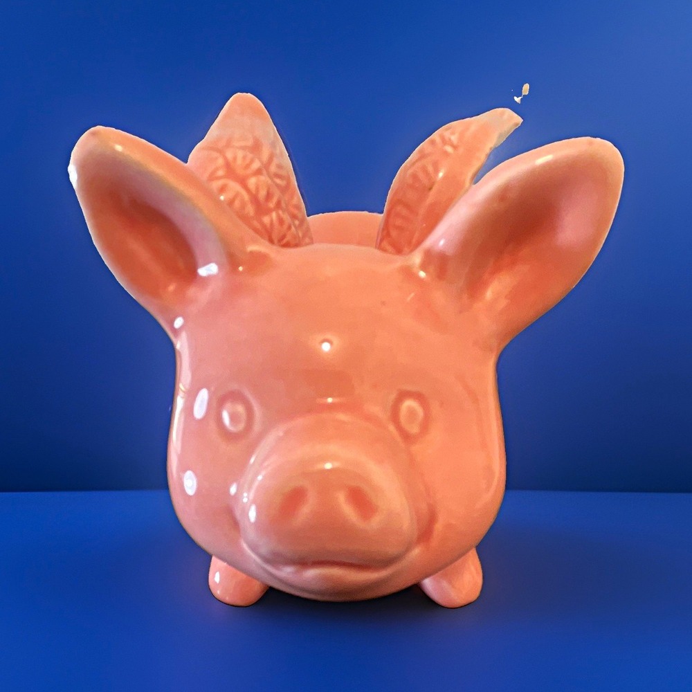Pig Flying Ceramic Figurine Glossy Finish 4 inches tall Wings Pink collectible